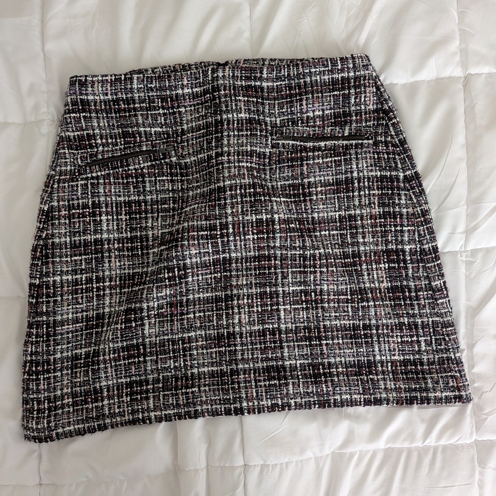 Loft Outlet Tweed Mini‎ Skirt Black Burgundy Plaid Zipper Pockets Size 10